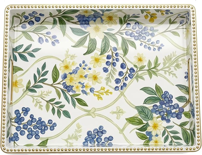 Decorative Serving Tray, Vintage Blue Berry Plastic Tray with Handles & Gold Rim, Multipurpose Storage Tray for Coffee Table, Bathroom, Kitchen & Entryway Home Decor. 15.7" x 11.8" x 1.57"