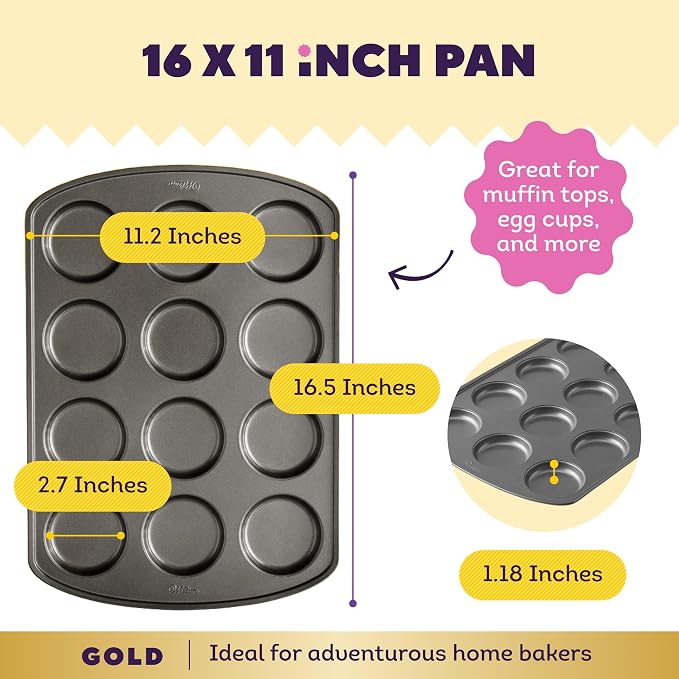Wilton Gold Non-Stick Muffin Top Pan, Stainless Steel, 11 x 16 in. | Non-Stick Steel with Scratch-Resistant Coating, Resists Warping, Extended Handles, Dishwasher Safe, Perfect for Muffin Tops