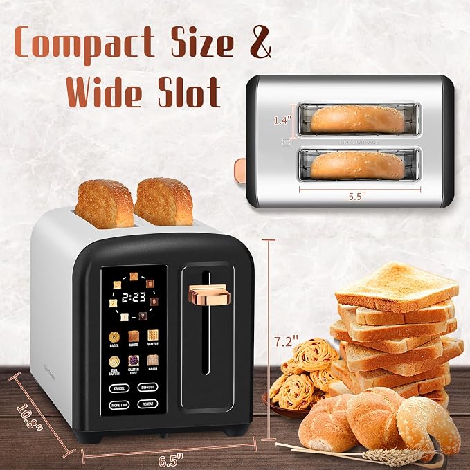 SEEDEEM 2-Slice Touchscreen Toaster, Stainless, 7 Shade, 1350W, Black