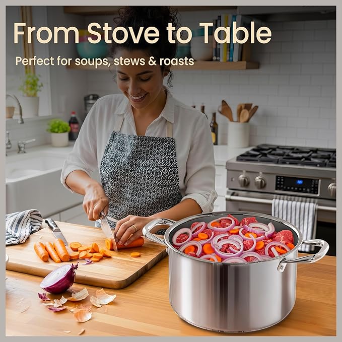 Stainless Steel Stockpot with Tempered Glass Lid 8 Quart, Durable 18/0 Stainless Steel, Impact-Bonded Base for Even Heating, Riveted Handles, Oven & All Stove Compatible, Safe Up To 500°F (260°C)