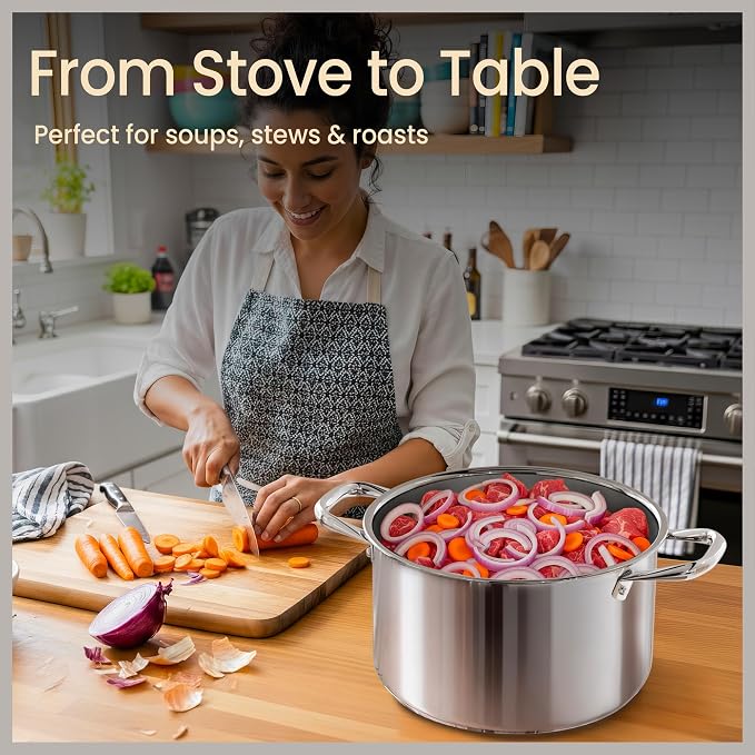 Stainless Steel Stockpot with Tempered Glass Lid 5 Quart, Durable 18/0 Stainless Steel, Impact-Bonded Base for Even Heating, Riveted Handles, Oven & All Stove Compatible, Safe Up To 500°F (260°C)