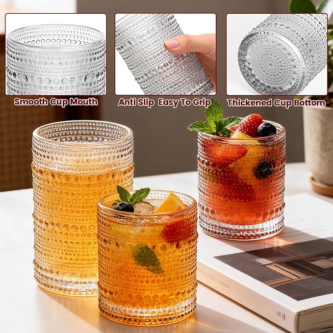 Vintage Hobnail Drinking Glasses Set of 12, 12 Oz Highball Glasses and 10 Oz Cocktail Glasses, Kitchen Glassware Set, Clear Drinking Glass Cups for Cocktail, Whiskey, Beer, Juice, Water, Milk