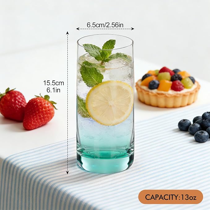 Green Highball Glasses Set of 6, Drinking Glass for Mixed Drink | 13oz ,Cups for Cocktail, Beer, Mojito, Water and Juice,Thick Tall Glassware for Kitchen, Restaurant, Home Bar and Parties