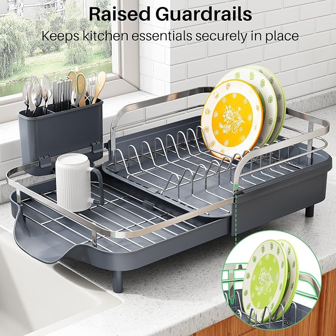 SAYZH Expandable Dish Drying Rack for Small Kitchen Counter, Grey | Stainless Steel, Protective Guardrail, Angled Drainboard, Fits High-Rim Sinks, Removable Utensil Holder