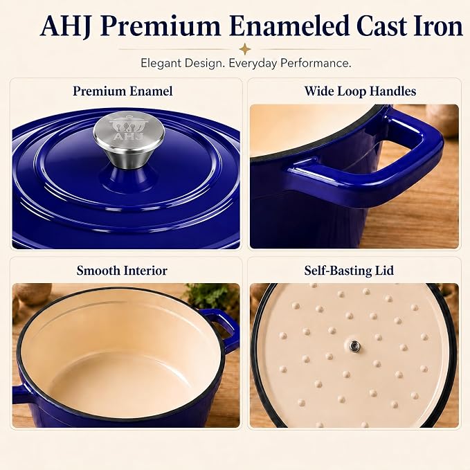 AHJ Cast Iron Dutch Oven Set - 4 Piece Nesting Enameled Cookware with Lid | 4.8Qt 2.6Qt 1.3Qt Enameled Cast Iron Cookware Set for Sourdough Bread Baking, Slow Cooking, Stews, Braising & Roasting, Blue