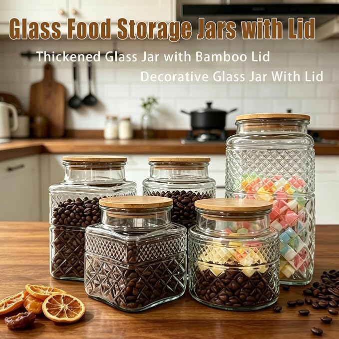 Viovian Vintage Glass Jar with Lid Wood Spoon 60 OZ Round Thick Glass Storage Jars Airtight Lids Decorative Canister Container for Food Candy Cookie Sugar Coffee Tea Nuts Snack Bath Salt