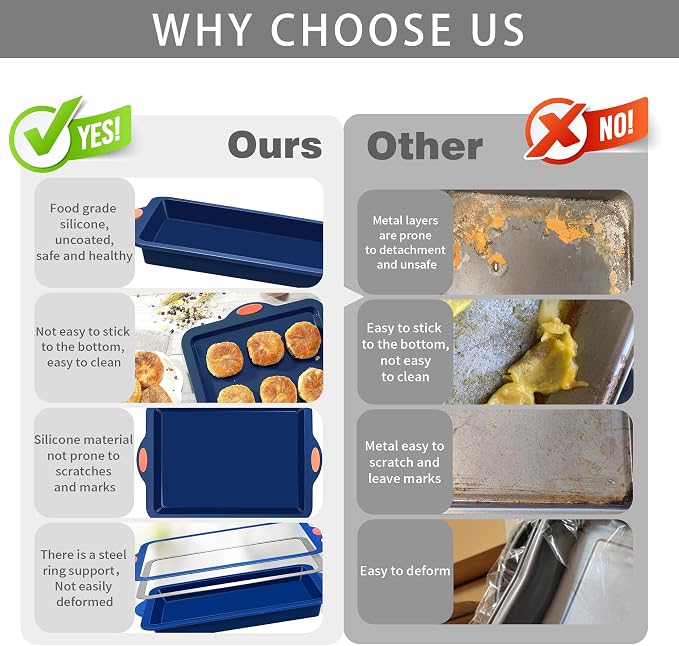 Silicone Baking Pans Set, 4 Pieces Nonstick Bakeware Set with Baking Pans, Baking Sheets, Cookie Sheets, Cake Pan with Grips and Metal Reinforced Frame More Strength, Navy Blue