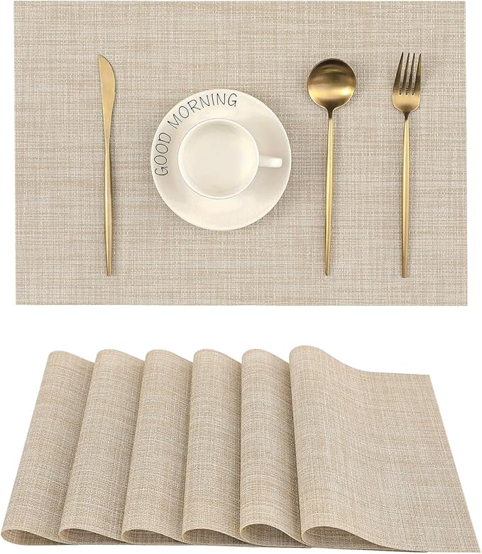 Leetaltree Beige Placemats Set of 6 - Heat-Resistant, Non-Slip Table Mats, Washable Woven Vinyl for Indoor & Outdoor Dining