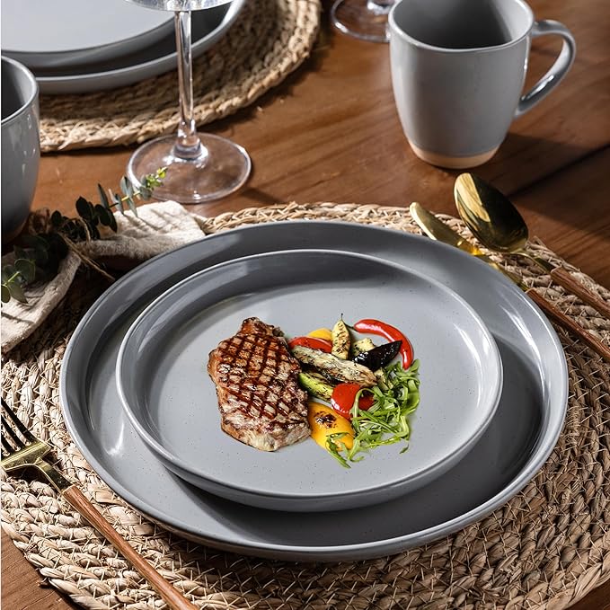 AmorArc Dinnerware Sets for 4, 12 Pieces Ceramic Plates and Bowls Set | Scratch Resistant Stoneware Dishes Set, Dishwasher & Microwave Safe,Gray