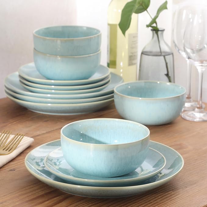Gibson Elite Pine Coast Plates and Bowls Sets, 12-Piece Stoneware Dinnerware Sets, Reactive Glaze Dish Set - Blue