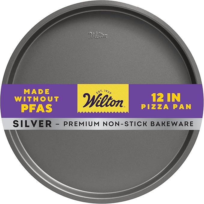 Wilton Silver Non-Stick Pizza Pan, Made Without PFAS, 12 in. | Non-Stick Steel Bakeware, Dishwasher Safe with 5-Year Limited Warranty, Perfect for Homemade Pizza & Flatbread Baking