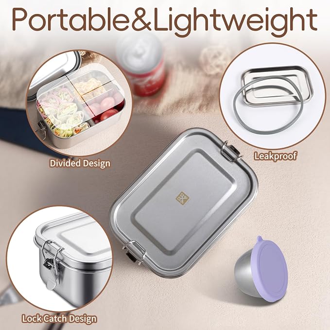 GOLDEN KEY 27oz Stainless Steel Lunch Box for Kids,Small Capacity Stainless Steel Lunch Box with Leakproof Condiment Container,3 Compartment Snack Containers,Freezer & Dishwasher Safe (Purple)