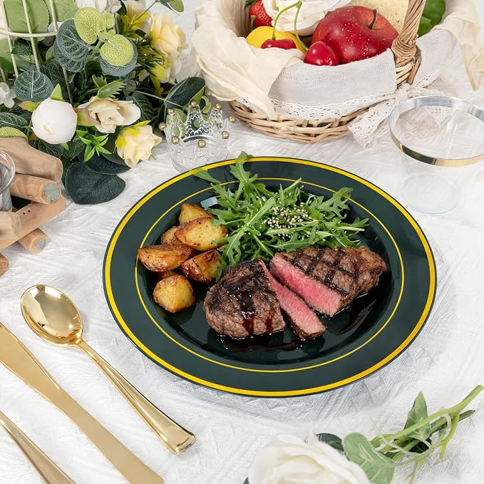 175PCS Green Plastic Plates - Green and Gold Disposable Plates 25Guests Plastic Plates with Rolled Napkins for Birthday/Party/Wedding