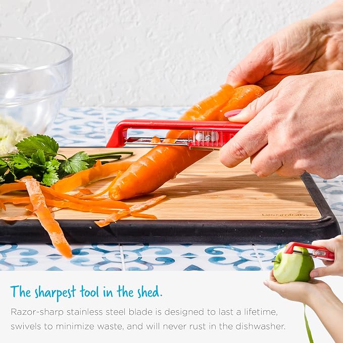 Dreamfarm Sharple Self-Sharpening Vegetable Peeler - Red | Ceramic sharpener in safety cover automatically hones stainless steel swivel blade, suitable for left & right handed use