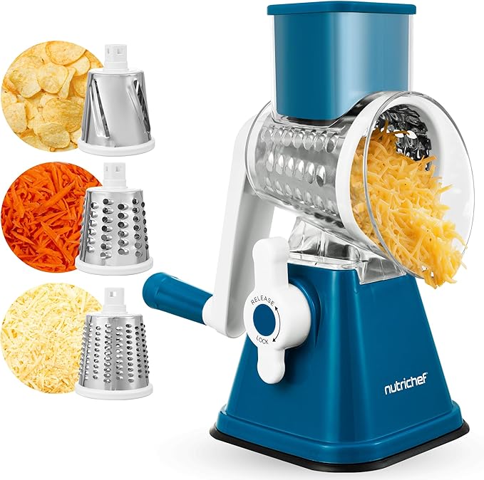 NutriChef 3 in 1 Cheese Grater & Shredder | Strong Suction Base, Rotary Handle with Safety Lock | Includes Hand Crank & 3 Drum Blades for 3 Textures, Fine, Medium & Strips | Blue