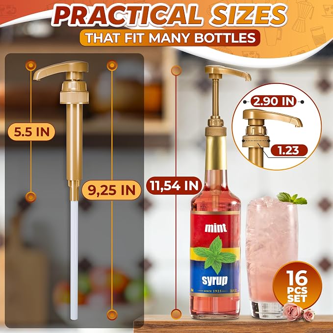 Coffee Syrup Pump, 16 Pack Gold Dispenser for 25.4 oz Bottles | Pumps for Syrup Bottles; 9.25" Closed, 11.54" Open Plastic Build; Lock Mechanism, Leak-Resistant for Liquids, Sauces & Pastes