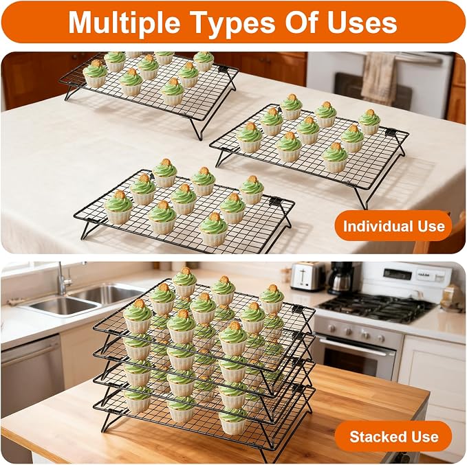 4Pcs Cooling Racks for Cooking and Baking, 13.4" x 9.4" Cookie Cooling Racks, 4-Tier Stackable Carbon Steel Wire Cooling Rack for Baking, Cookie, Pizza, Cake, Roasting, Making Jerky