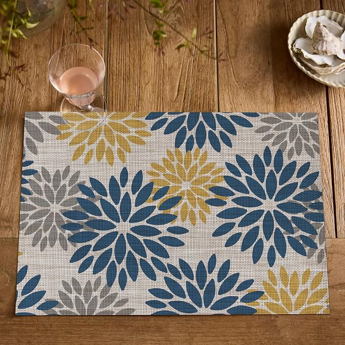 Artoid Mode Floral Vinyl Placemats Set of 4, Heat Resistant Washable Non-Slip Plistic PVC Place Mats for Party Kitchen Dining Decor, Blue Yellow