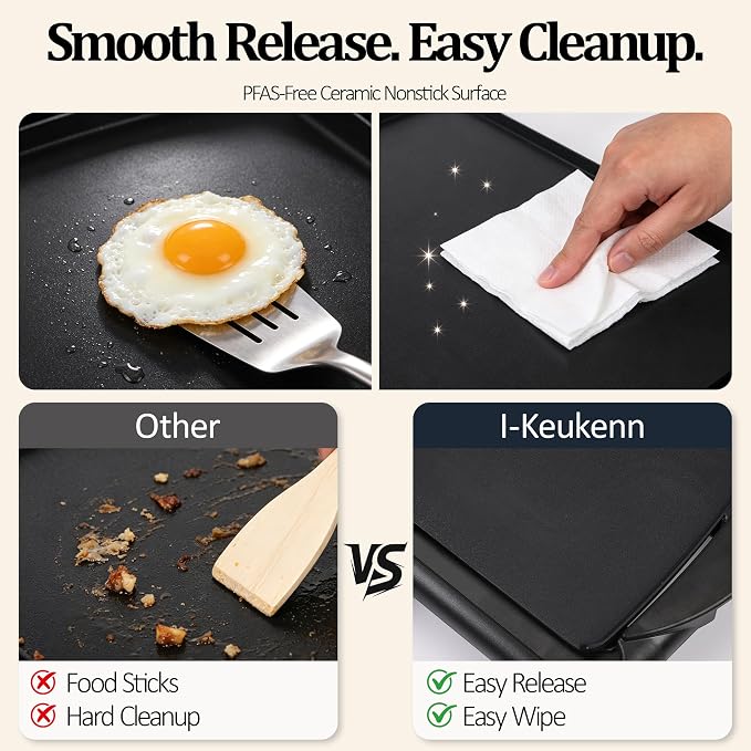20" Electric Griddle, Ceramic Non-Stick Baking Pan Attemperation Griddle, 1400W Family-Sized Electric Skillet Extra Large Surface and Adjustable Temperature, Slide-Out Drip Tray, Black