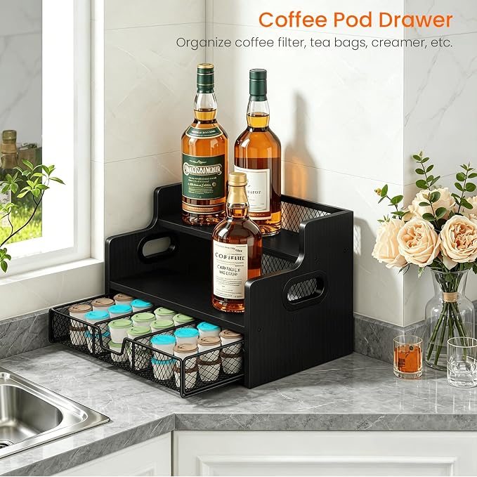 Coffee Syrup Organizer Rack, 3-Tier Syrup Holder Stand with 35 K Cup Storage Drawer, 8 Bottles Capacity, Wood Shelf Liquor Wine Rack for Coffee Bar Countertop, Black