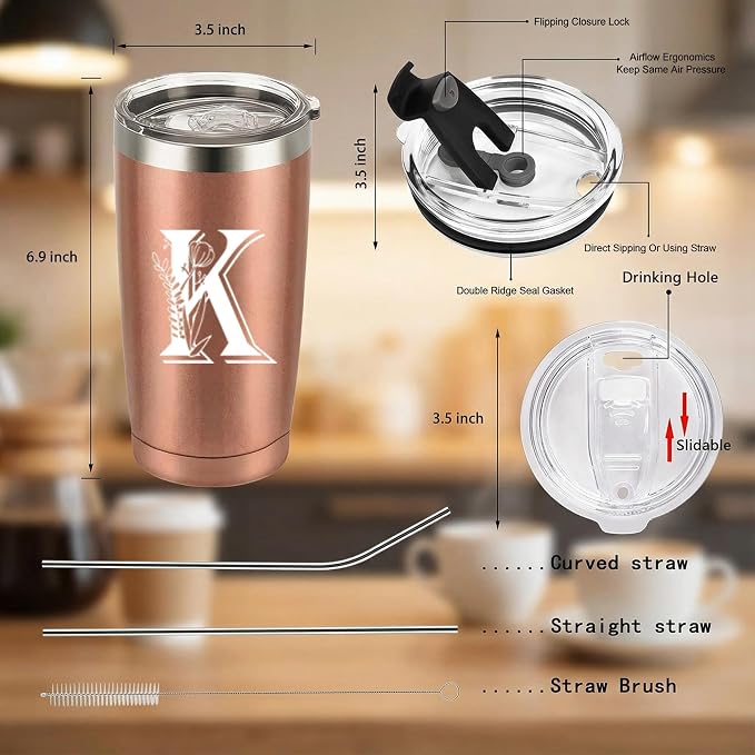 Letter K Insulated Travel Cup with Lid, Personalized Initial Mugs for Women, Letter K Gift Coffee Mugs for Women, Wife, Mom, Grandma, Bridal Shower Gifts, 20 OZ Rose Gold Two Lids