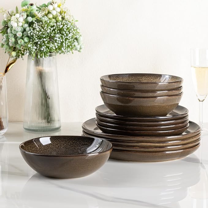 AmorArc Ceramic Dinnerware Sets for 4, 12Pcs Plates and Bowls Sets Dishes | Stoneware Handmade Reactive Glaze Dinner Set, Highly Scratch Resistant | Dishwasher & Microwave Safe Dishware