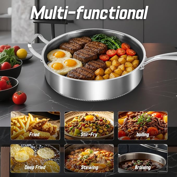 Toutrop Frying Pans Nonstick wih Lid, Non Stick Tri-Ply Stainless Steel Saute Pan, 7 Quarts Large Sauté Pan, 12 Inch Induction Cooking Pan, Dishwasher and Oven Safe, PFOA Free