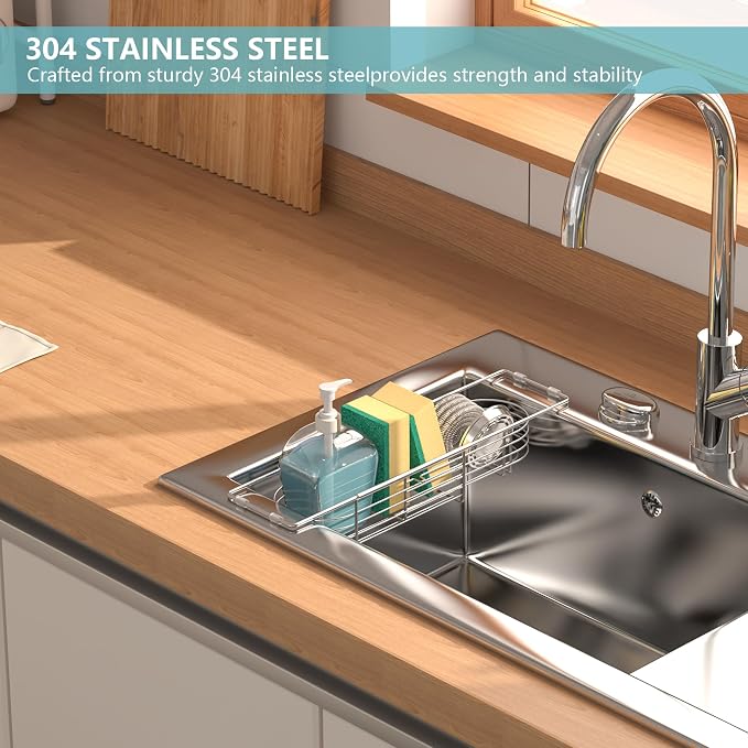 Sink Caddy Sponge Holder Kitchen Sink Organizer Expandable 13.4" to 17.1" | 304 Stainless Steel Telescopic sink organizer rack for kitchen