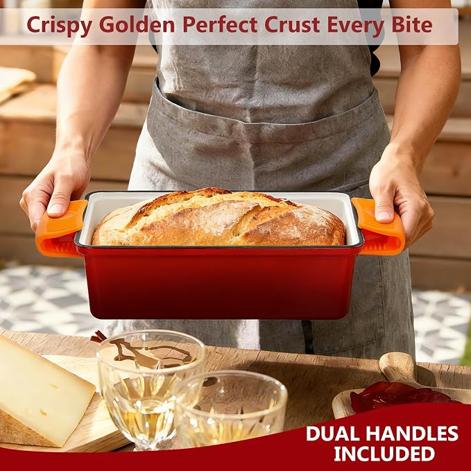 Wildone 2 in 1 Enameled Cast Iron Bread Pan with Lid, 9x5 Loaf Pans for Homemade Sourdough Bread, Cake, Meatloaf, Even Heating Bread Dutch Oven, Red