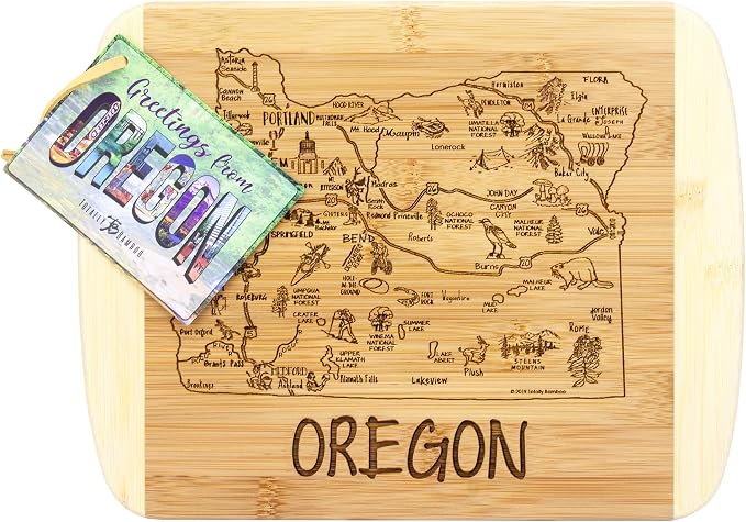 Totally Bamboo A Slice of Life Oregon Engraved Map Cutting Board | 11” x 8.75” charcuterie board with engraved state map artwork. Smooth reverse side for food prep. Hang tie for wall display.