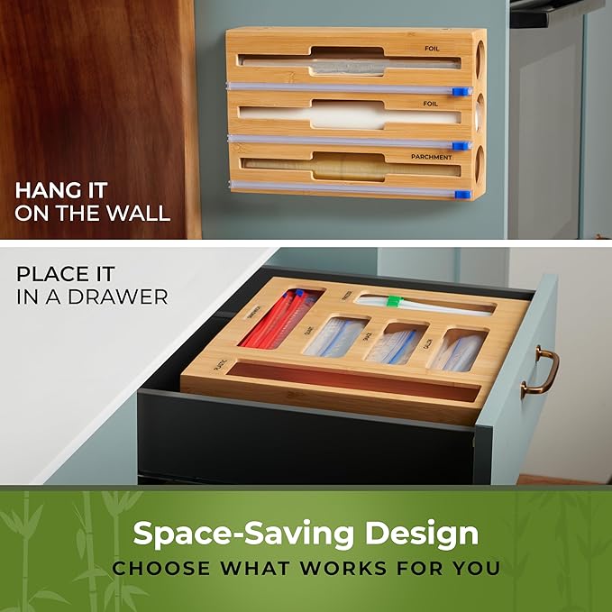 Kitchen Drawer Organizer, 9" 1 Sandwich Storage Bag Organizer & Foil Wrap | Bamboo Storage, Fits Gallon, Quart & Snack Sizes – Wall Mountable, Please Measure Before Ordering