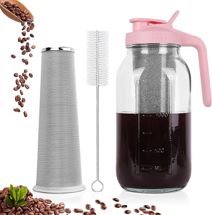 Cold Brew Coffee Maker, 64 oz Mason Jar Pitcher with Stainless Steel Filter, Pour Spout Handle Lid, Heavy Duty Glass Airtight & Leak-Proof for Iced Coffee,Tea & Lemonade