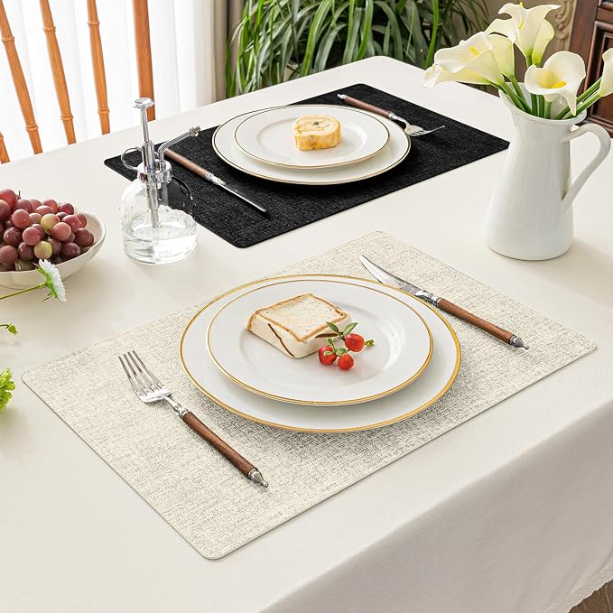 Romanstile Vinyl Placemats Set of 8, Reversible Faux Leather Heat Resistant Wipeable Table Mats, Waterproof Washable Non-Slip Table Placemats for Dining/Kitchen/Party/Outdoor (Black Beige, 12" x 17")