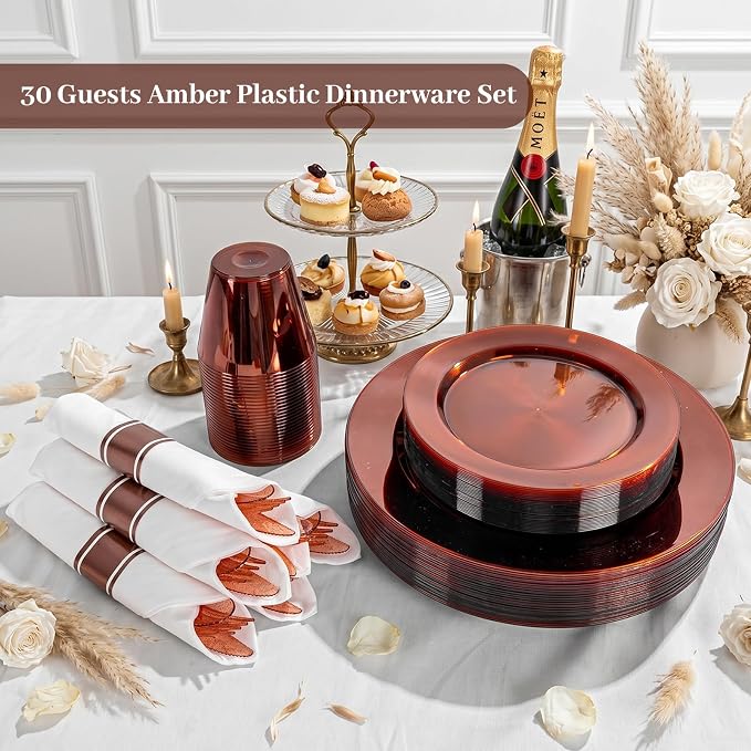 DaYammi 210PCS Clear Amber Plastic Dinnerware Set for 30 Guests, Fancy Disposable Plates for Party, Include: 30 Dinner Plates, 30 Dessert Plates, 30 Pre Rolled Napkins with Silverware, 30 Cups