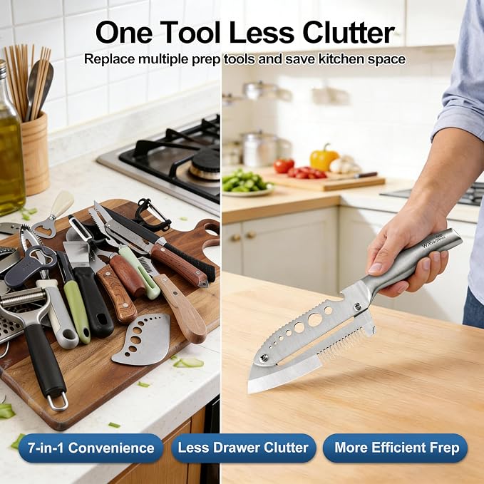 All-Stainless Steel Multifunctional Vegetable Peeler for Kitchen | LFGB-tested food-grade build, thick steel body, smooth peeling, bottle opener, dishwasher safe, right-handed