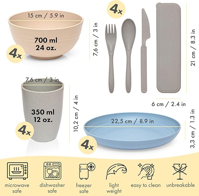 FOODLE Wheat Straw Dinnerware Set - RV, Camping Plates Cups and Bowls Set | BPA-Free & Safety Tested - Microwave & Dishwasher Safe - Lightweight & Unbreakable Dishes - Great for Kids & Adults - For 4