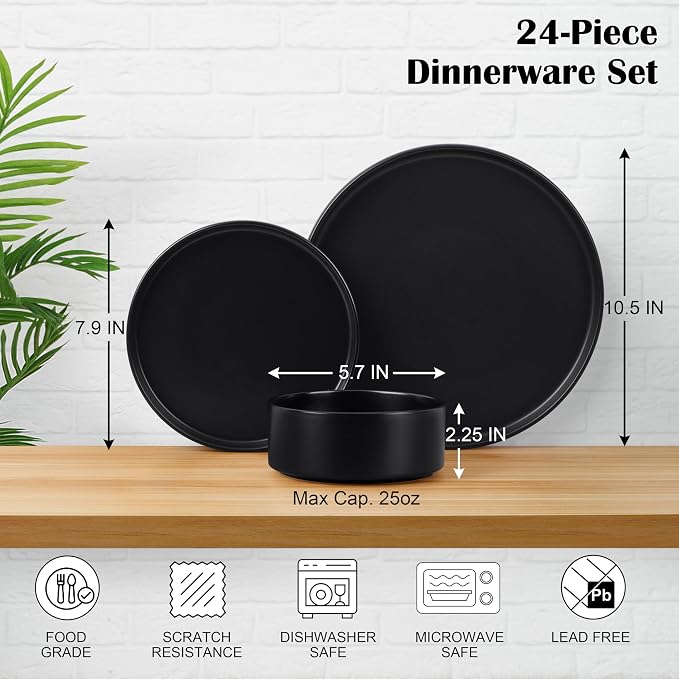E-far Black Dinnerware Sets for 8, 24-Piece Stoneware Plates and Bowls Sets | Modern Kitchen Dining Dishware, Chip and Scratch Resistant, Microwave & Dishwasher Safe, Matte Black