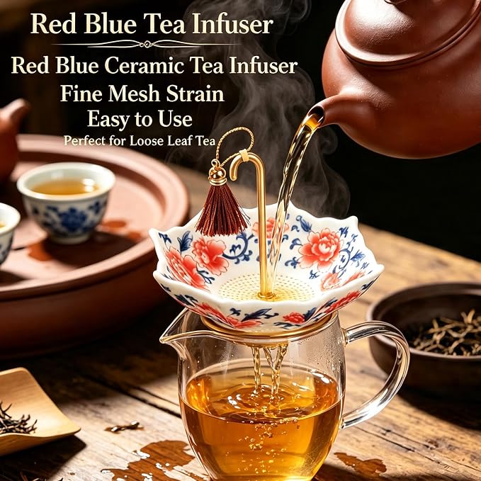 Blue and White Porcelain Umbrella Tea Infuser, Rotating Ceramic Loose Leaf Tea Strainer Filter with Base, Fine Mesh Tea Filter for Home Tea & Coffee Brewing, Unique Decorative Tea Gift (Red)