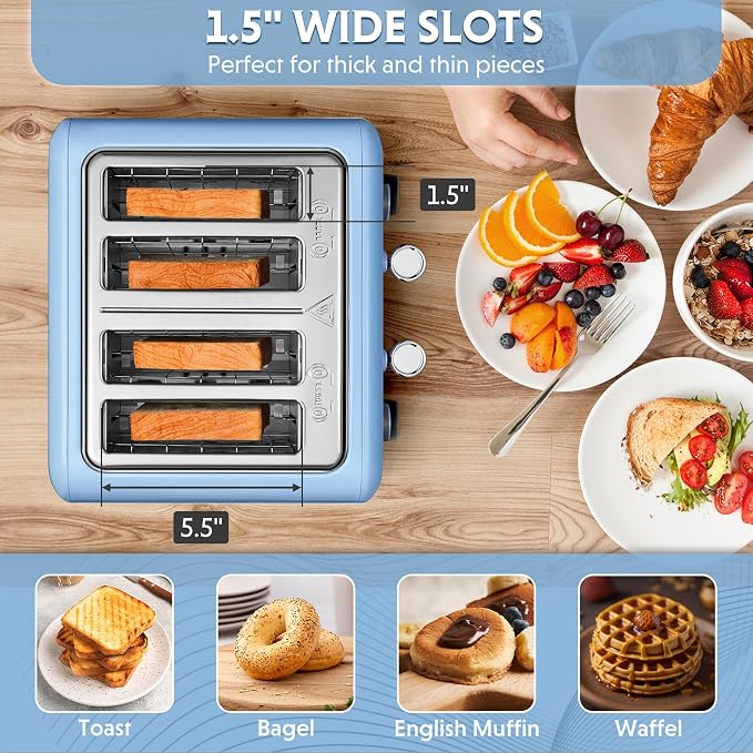 BUYDEEM DT640 4-Slice Toaster, 7 Shade Settings, Extra Wide 1.5’’ Slots for Bagel & English Muffin, 6 Toasting Functions, Retro Stainless Steel Toaster with High Lift Lever, 1800W, Blue