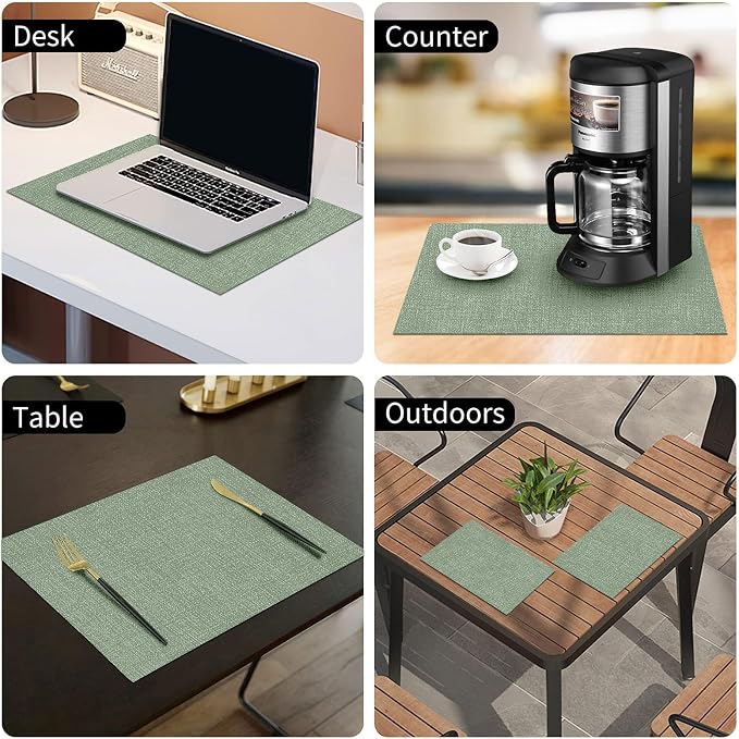 Faux Leather Heat Resistant Placemats 6 Packs, Waterproof Wipeable Dining PU Place Mats for Indoor & Outdoor, Easy to Clean, Sage Green