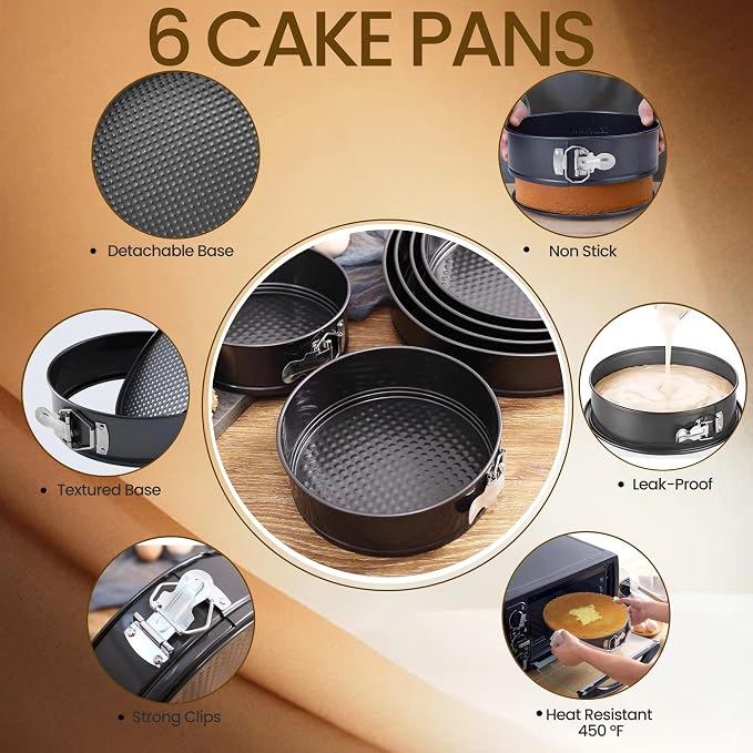 6PCS Nonstick Springform Pan Set Round Baking Pans Removable Bottom | 6size high-carbon steel set,450℉ safe Double nonstick coating leak-proof lock Perfect for cheesecakes&multi-layer cakes