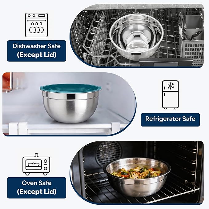 E-far Mixing Bowls With Lids Sets of 5, 10-Piece Stainless Steel Salad Metal Nesting Bowl for Baking Cooking and Prepping, Airtight Lid & Stackable Design, Size 4.6, 3, 2.1, 1.5, 0.7 QT, Blue