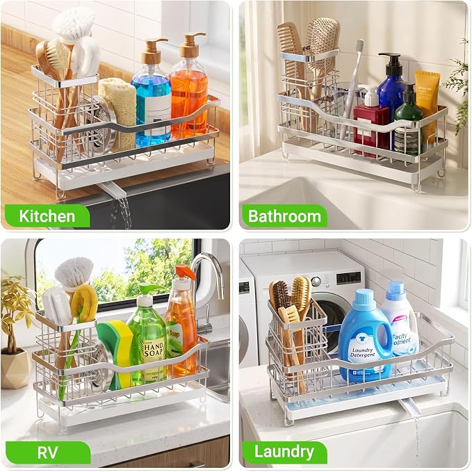 Sink Caddy, Sponge Holder for Kitchen Sink, Silver | Self-draining Sink Organizer with Removable Brush Holder , Metal Sponge Rack for Countertop, Fits Soap Dispenser & Scrubber