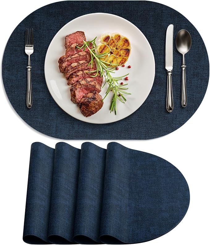 Placemats Set of 4-17" x 11.8" Waterproof & Heat Resistant Oval Place Mats, Wipeable Washable Double Layer Faux Leather Table Mats, Dark Blue