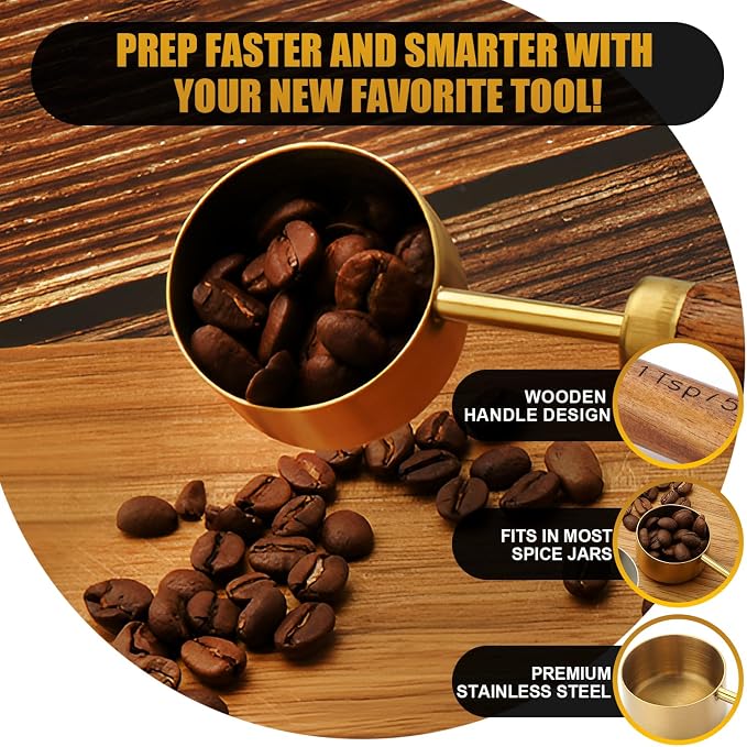SHIKORI Gold Measuring Cups and Spoons Set with Wood Handles 8PCS | Premium Stainless Steel Measuring Spoons and Measuring Cups Set,Ideal for Dry & Liquid Ingredients(Gold)