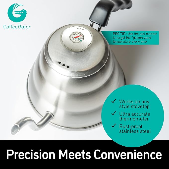 Coffee Gator Gooseneck Kettle with Thermometer - 40oz | Stainless Steel Pour Over Maker, Stove Top, w/Precision Drip Spout, for Drip Coffee, French Press, Tea Kettle , 5 Cup, 1.2L