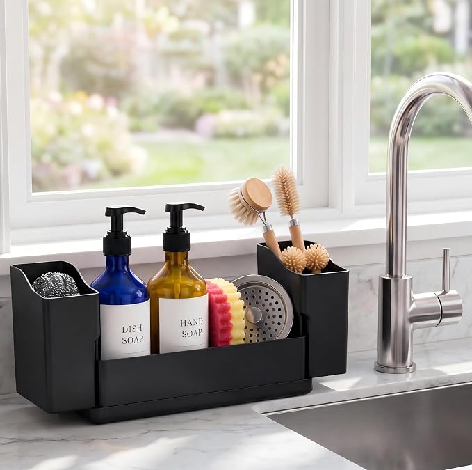 Sponge Holder for Kitchen Sink with Drying Stone, Black | Kitchen Caddy Sink Organizer, 2 Removable Cups, Premium ABS, Anti-Slip, 12.7" Sponge and Soap Holder for Kitchen Counter