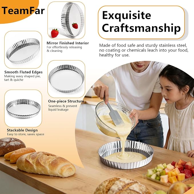 TeamFar Tart Pan, 9.5 Inch Stainless Steel Round Tart Pie Pan, 1PC | Metal Quiche Baking Dish with Fluted Side, for Baking Fruit Tarts Quiches Pies Mousse Cakes, Heavy Duty & Dishwasher Safe