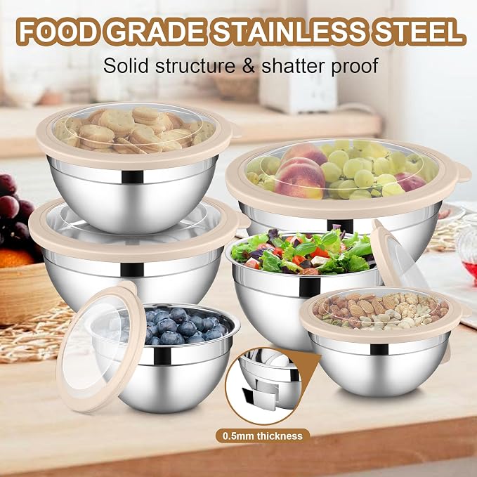 LIANYU 6 PCS Mixing Bowls with Visible Lid, Size 7, 3.5, 2.5, 2, 1.5, 1QT | Large Stainless Steel Nesting Bowl Set, Metal Kitchen Serving Bowls for Cooking, Baking, Freezer & Dishwasher Safe, Khaki