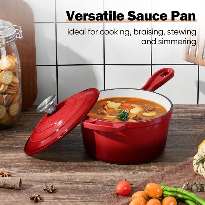 Homikit Small Sauce Pan with Lid, 2QT Enameled Cast Iron Saucepan, Enamel Cast Iron Sauce Cooking Pot Dutch Oven Kitchen Cookware for Making Pasta, Boiling Soup, Warming Milk, Red